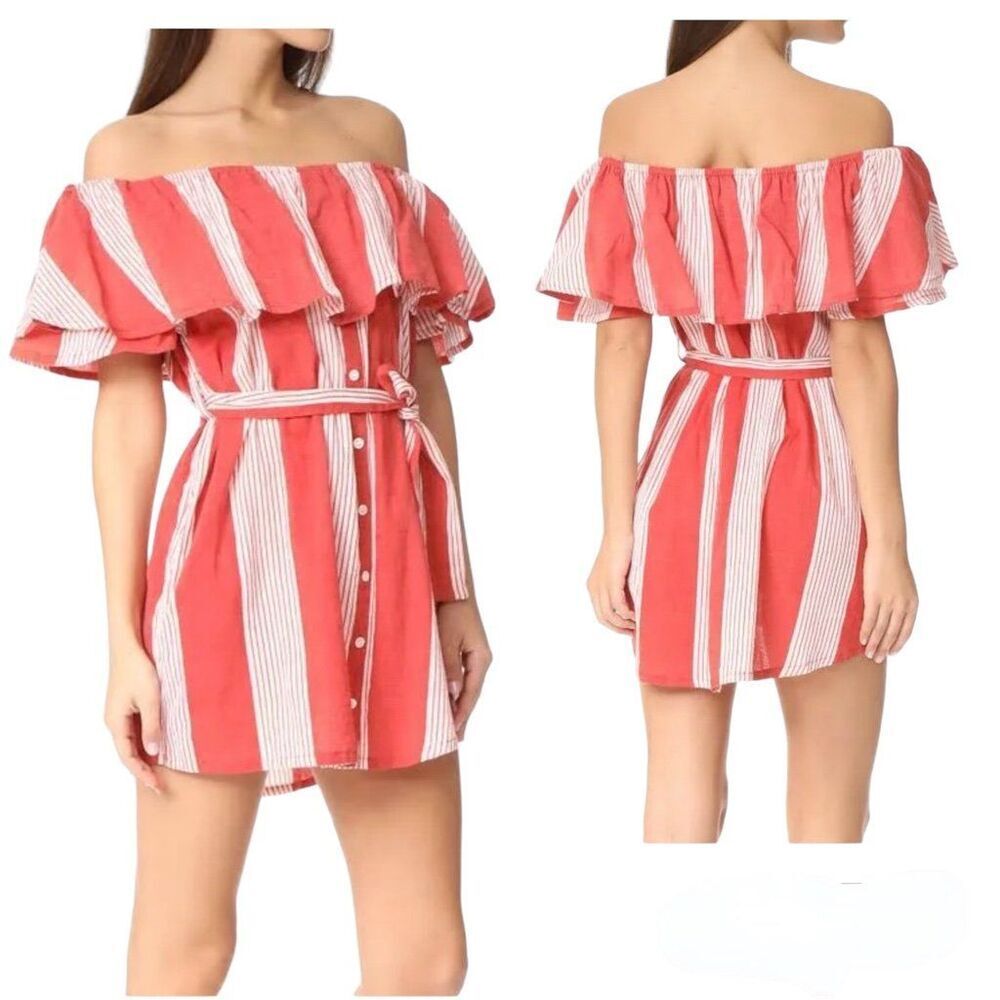 Faithfull The Brand Amalfi Rust Red Stripe Pint Off Shoulder Belted Mini Dress 4